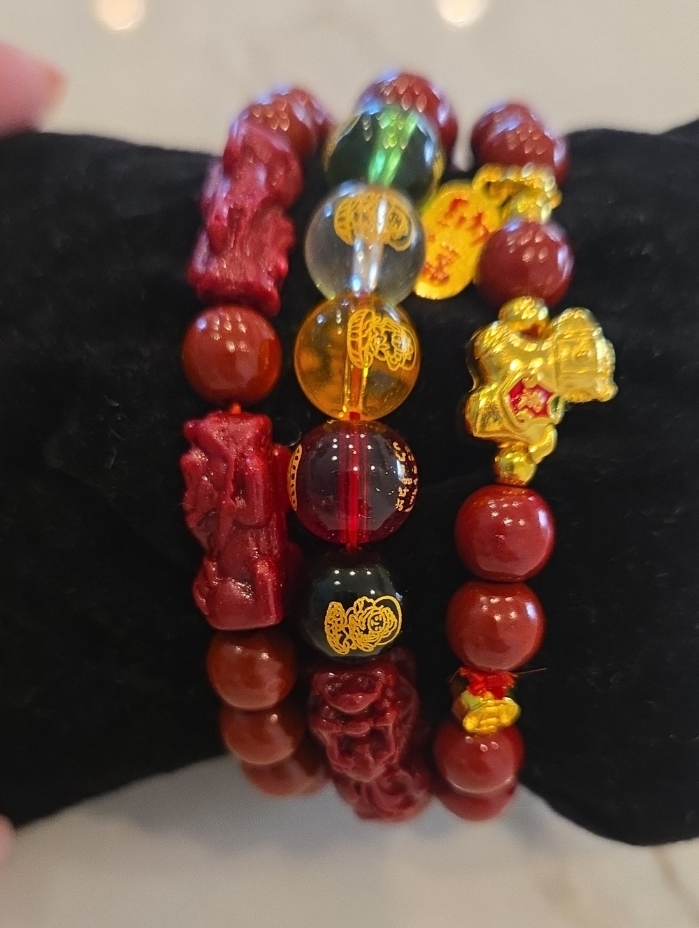 Lux 3 Pc Set Chunky Bracelets Asian Red and Gold Multi Color Glass Beads Too